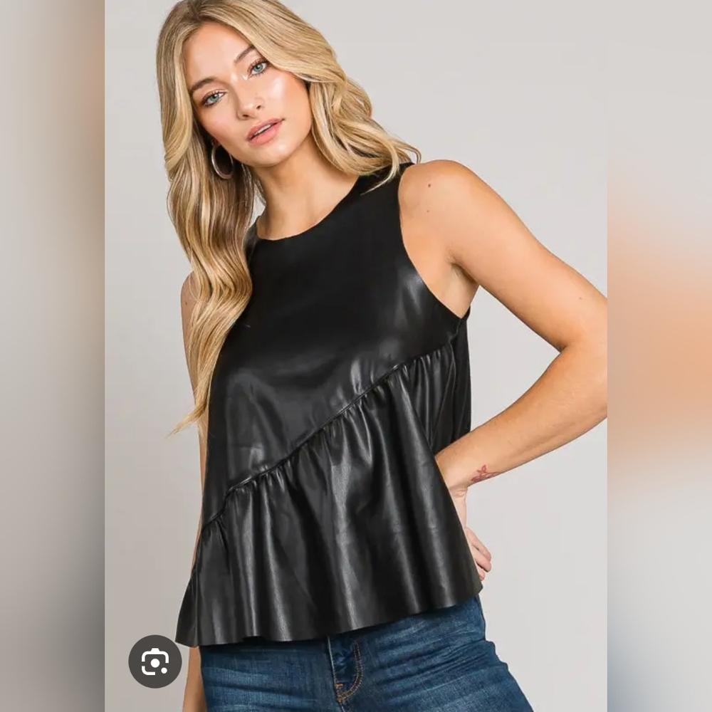 Asymmetric Ruffle Hem Vegan Leather Top